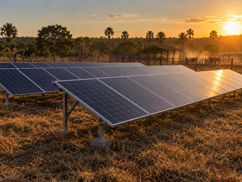 Fileiras de módulos fotovoltaicos sobre estrutura de solo em propriedade rural.